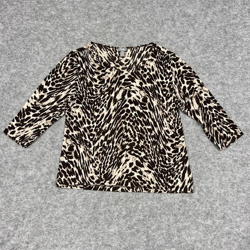 Chicos Shirt Womens XL 3 Beige Animal Print Jersey 3/4 Sleeve Travelers Casual